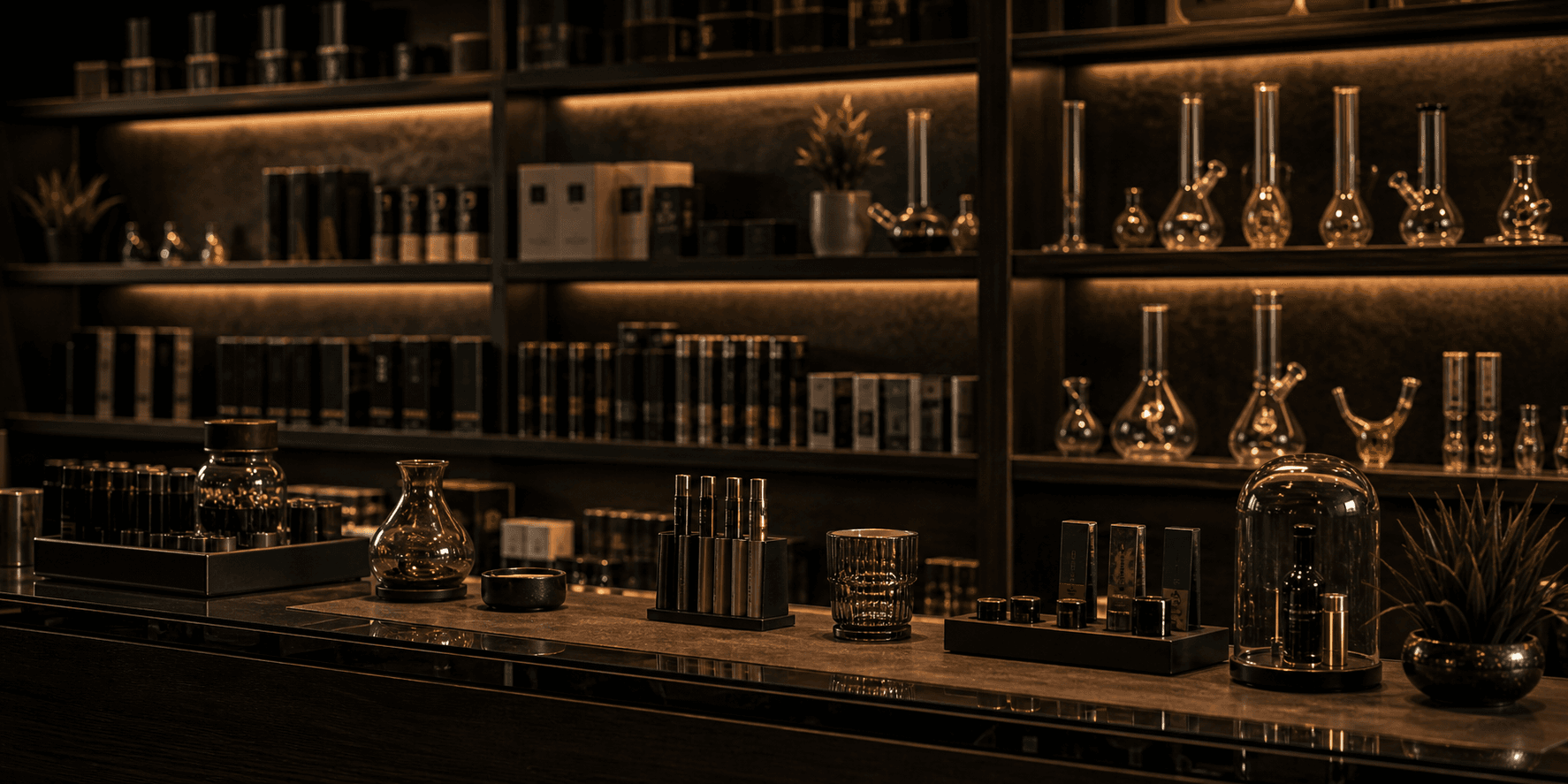 Dark retail counter detail with glass accessories and neutral packaging silhouettes