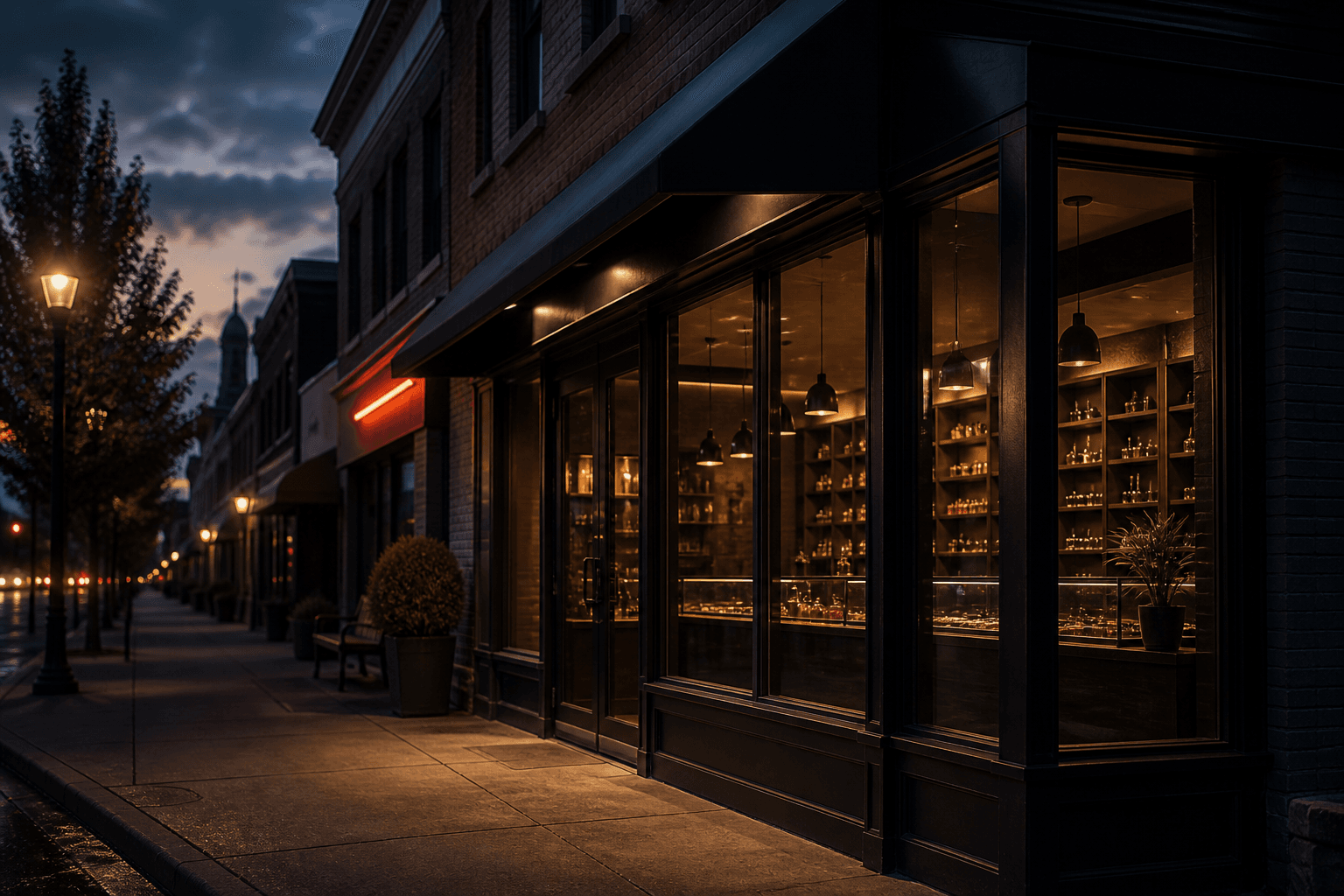 After-hours storefront glow on a Florence, South Carolina-style main street