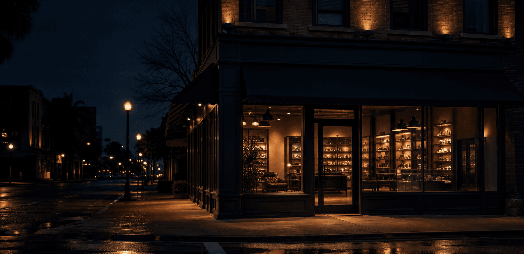 After-hours premium storefront with a warm interior glow on a South Carolina main street