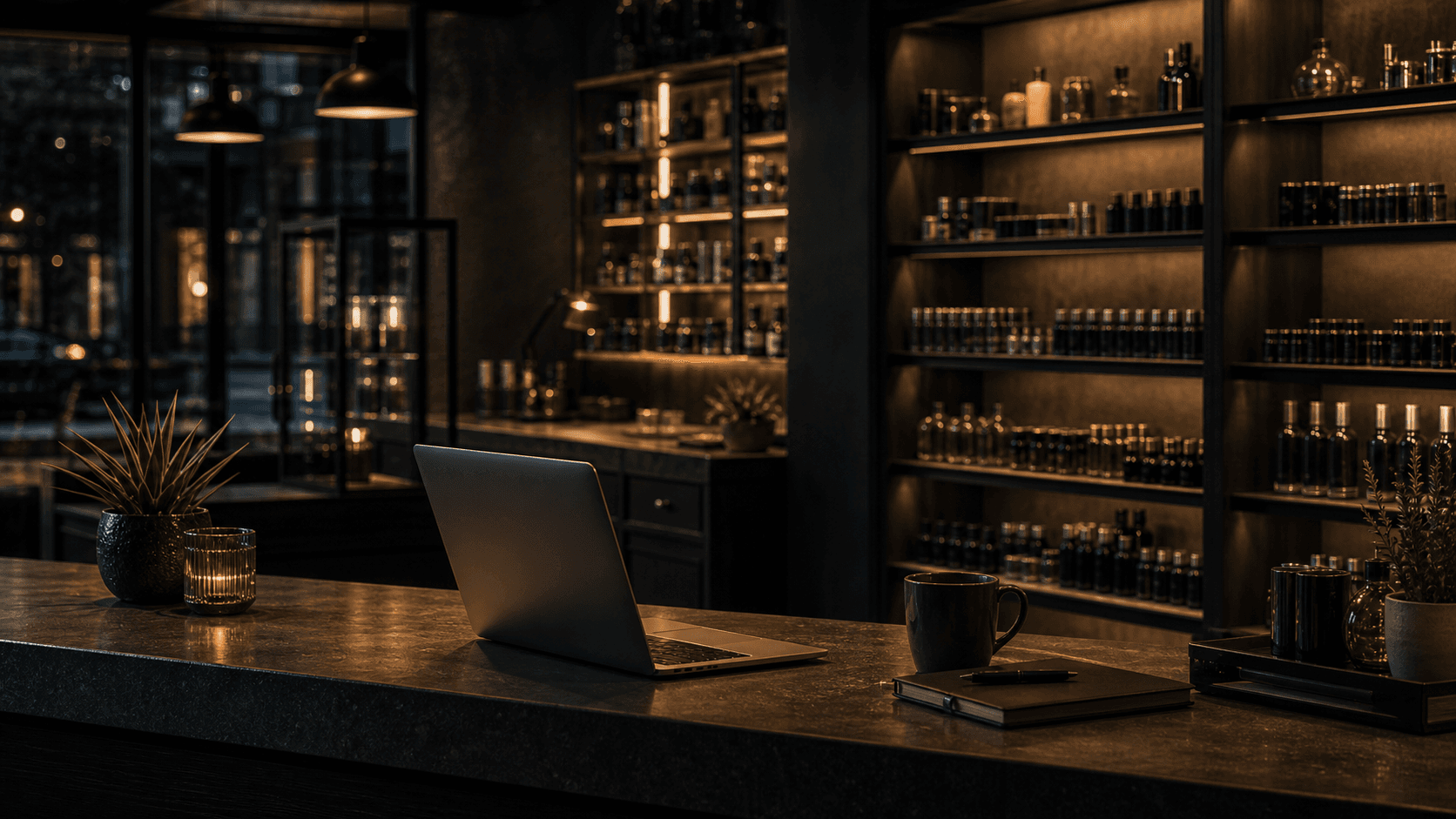 After-hours retail counter with laptop glow and organized shelves in the background